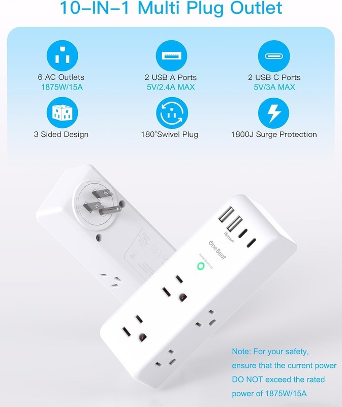 Multiple Plug Outlet Extender, 6 Wall Outlets and 3 USB Ports (1 USB C), Multi O gallery