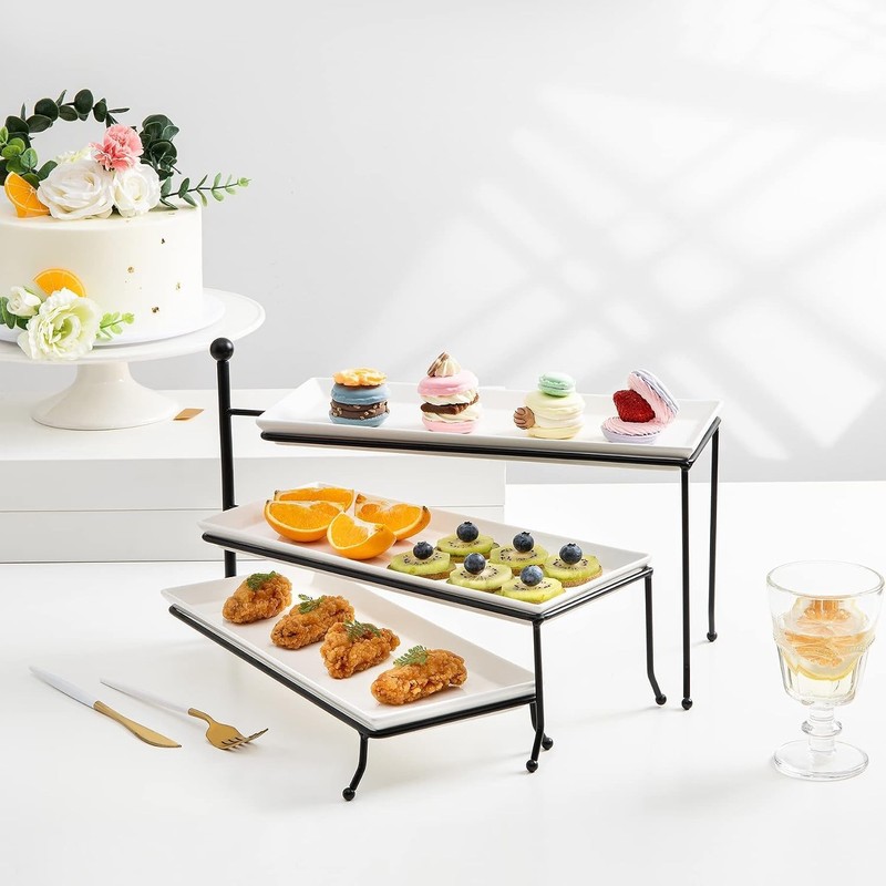 3 Tiered Serving Stand, Foldable Rectangular Food Display Stand with White Po... gallery