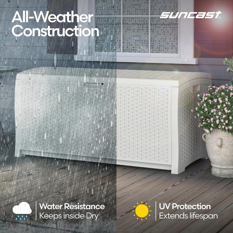 Suncast 99 Gallon Wicker Horizontal Outdoor Deck Box with Hinged Lid, Water-Resi gallery