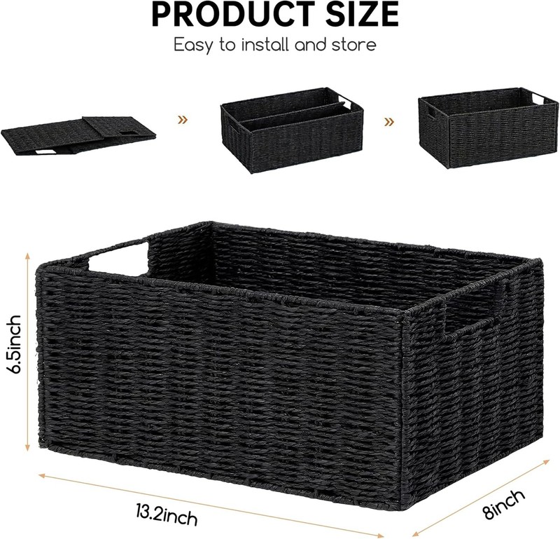 Set of 4 Wicker Storage Baskets Foldable Paper Rope Bins with Handles for Home gallery