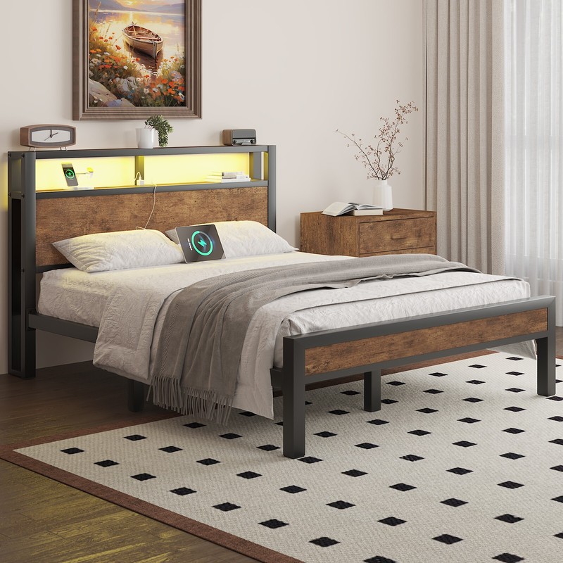 Full Size Bed Frame Heavy Duty Platform Bed with Storage Headboard and LED Light gallery