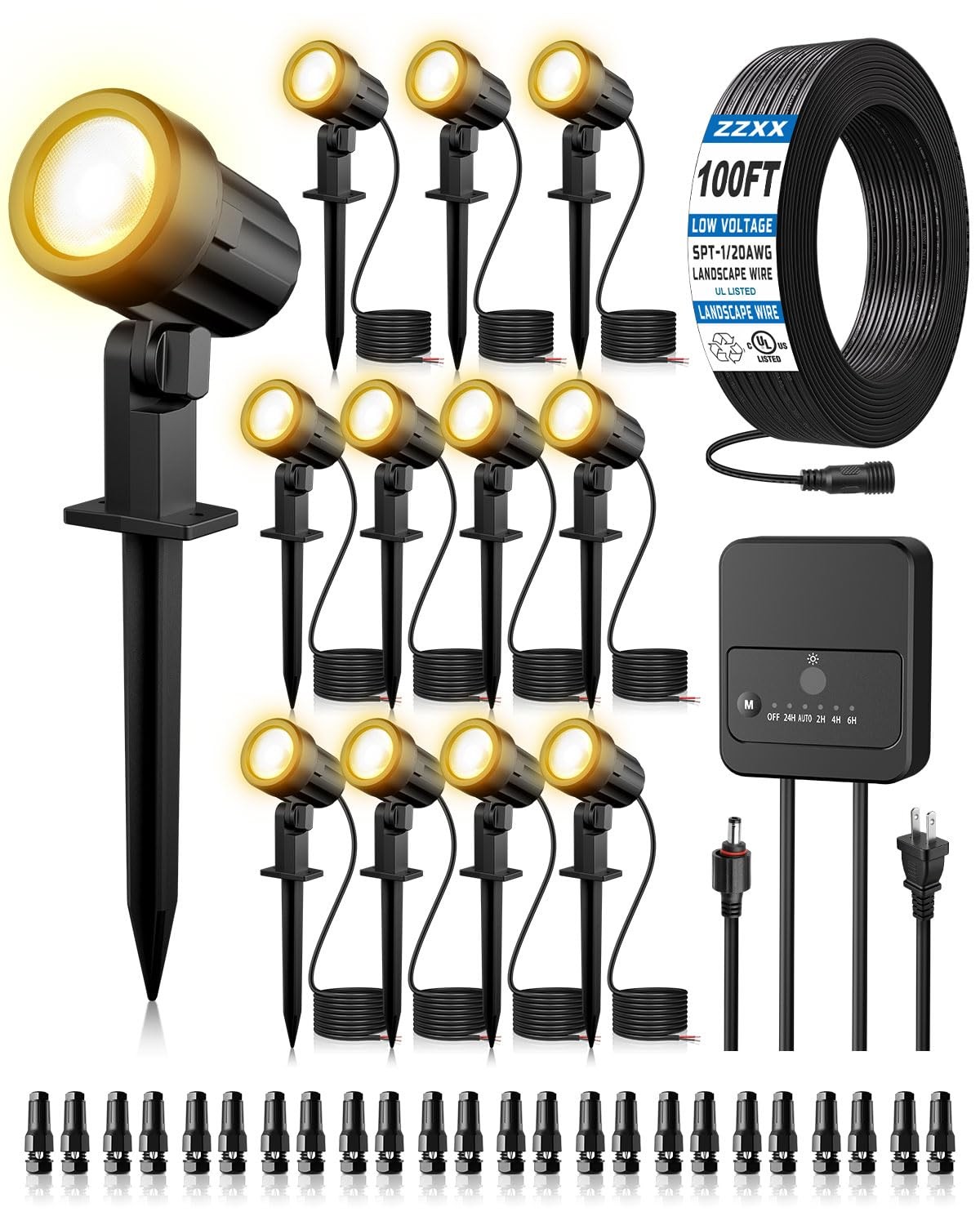 12-Pack LED Landscape Lighting Kit with Transformer & 100FT Wire, 2700K gallery
