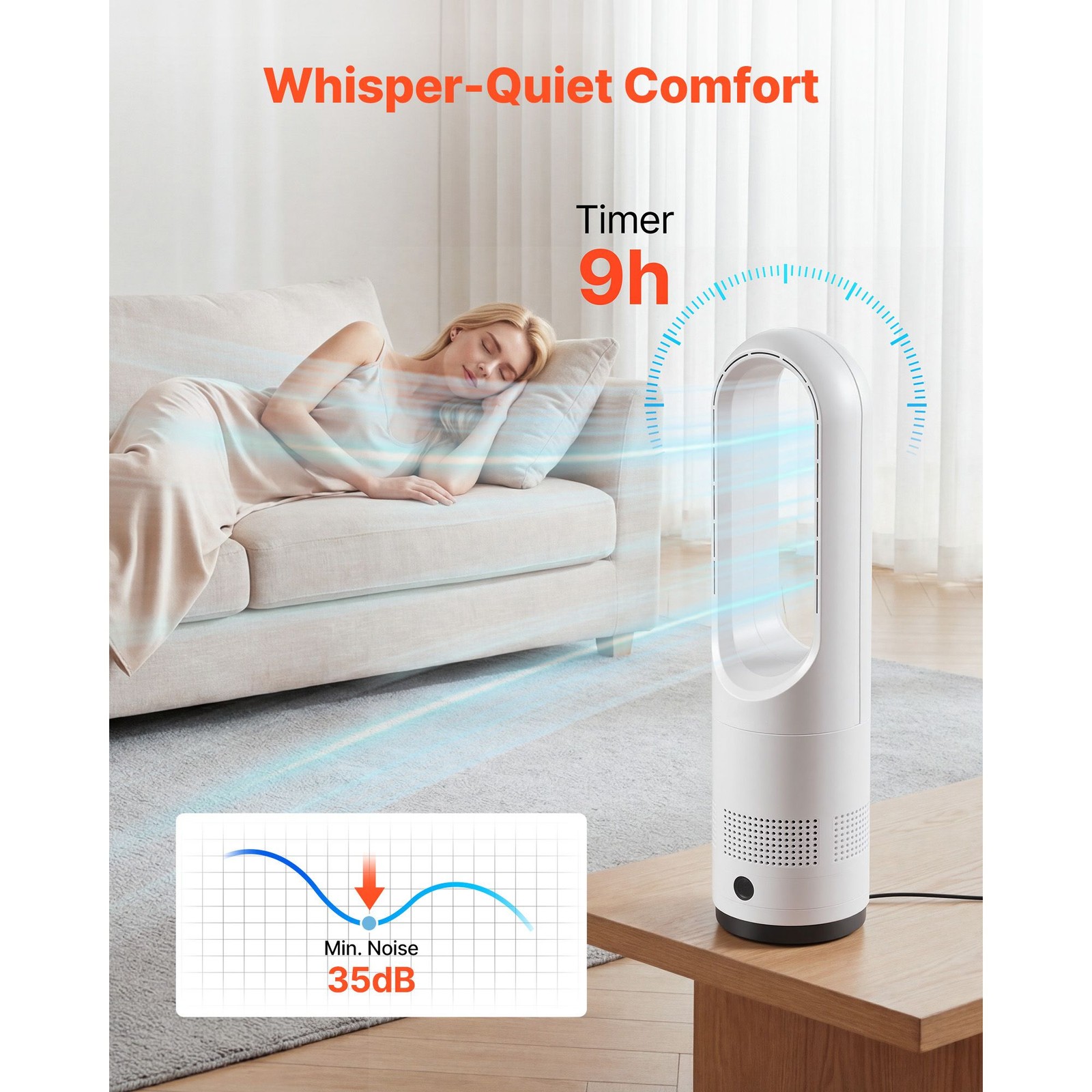 Compact Bladeless Tower Fan: Quiet 35dB, 80° Sweep, 8 Speeds, Timer & Remote gallery