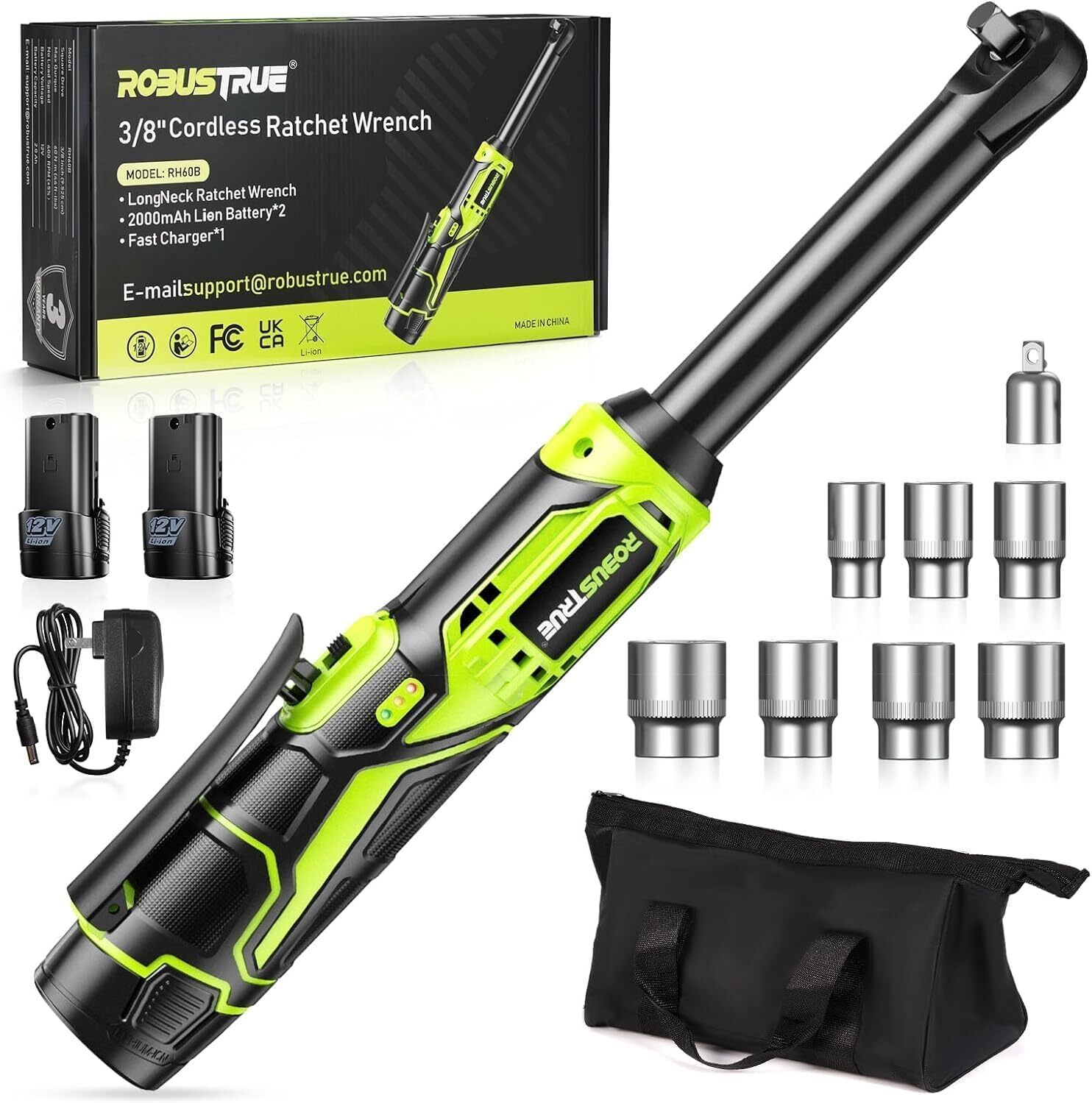 Cordless Ratchet Wrench 3/8 Inch 40Ft-lbs 400RPM 2x2000mAh Battery LED Light gallery