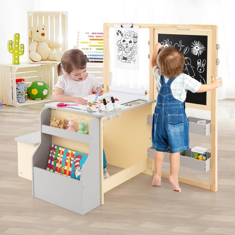 Kids Art Easel & Table & Bench Set with Blackboard & Magnetic Whiteboard Nursery gallery