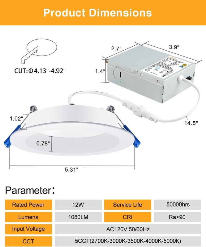Adetu 4” LED Downlight 12W Dimmable 5CCT Anti-Glare Ceiling Light 6 Pack gallery