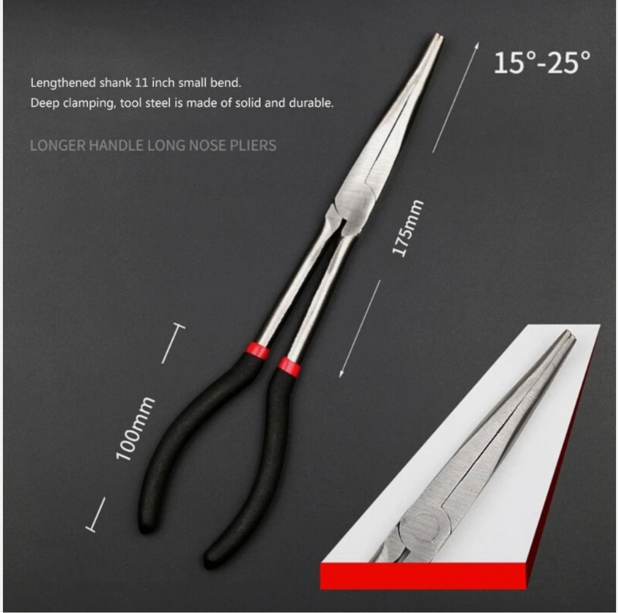 11in 25° Bend Long Reach, 60mm Max Opening, Extended Needle Nose Disconnect Plie gallery