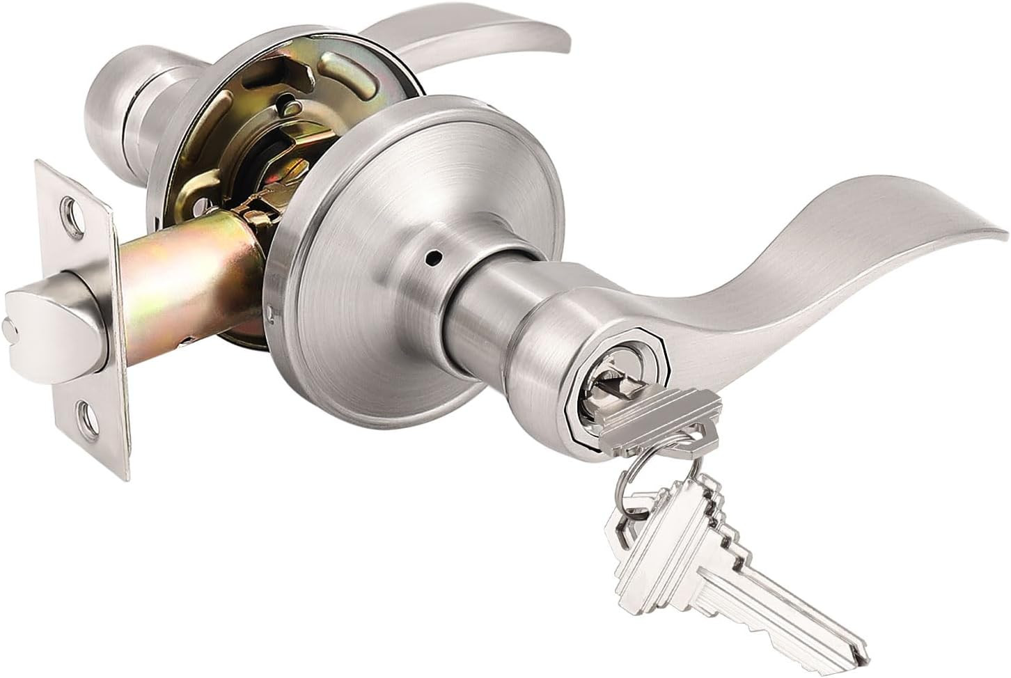 Satin Nickel Entry Door Lever, Wave Style Handle Exterior Interior Keyed Lock gallery