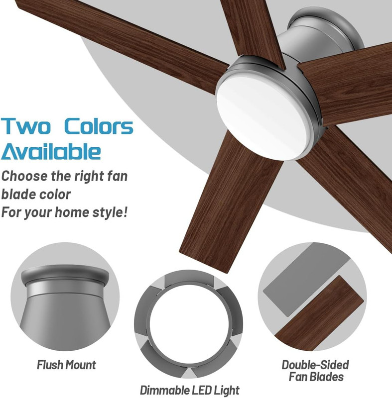 Matte Silver 52" Flush Mount Ceiling Fan with Light & Reversible DC Motor gallery