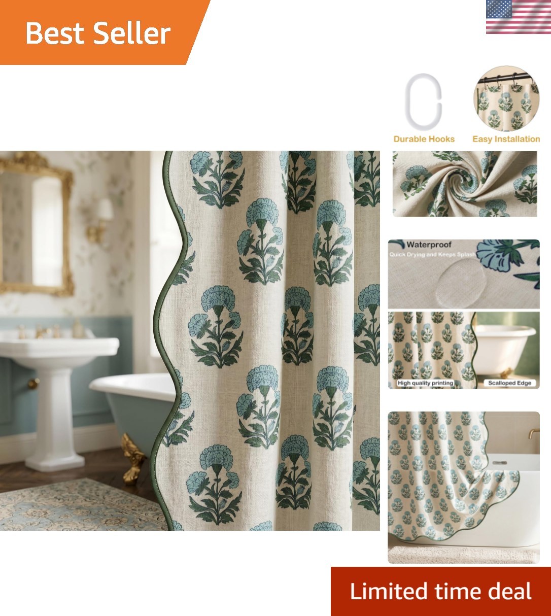 Block Print Shower Curtain Blue and White Shower Curtain Set Linen Textured w... gallery