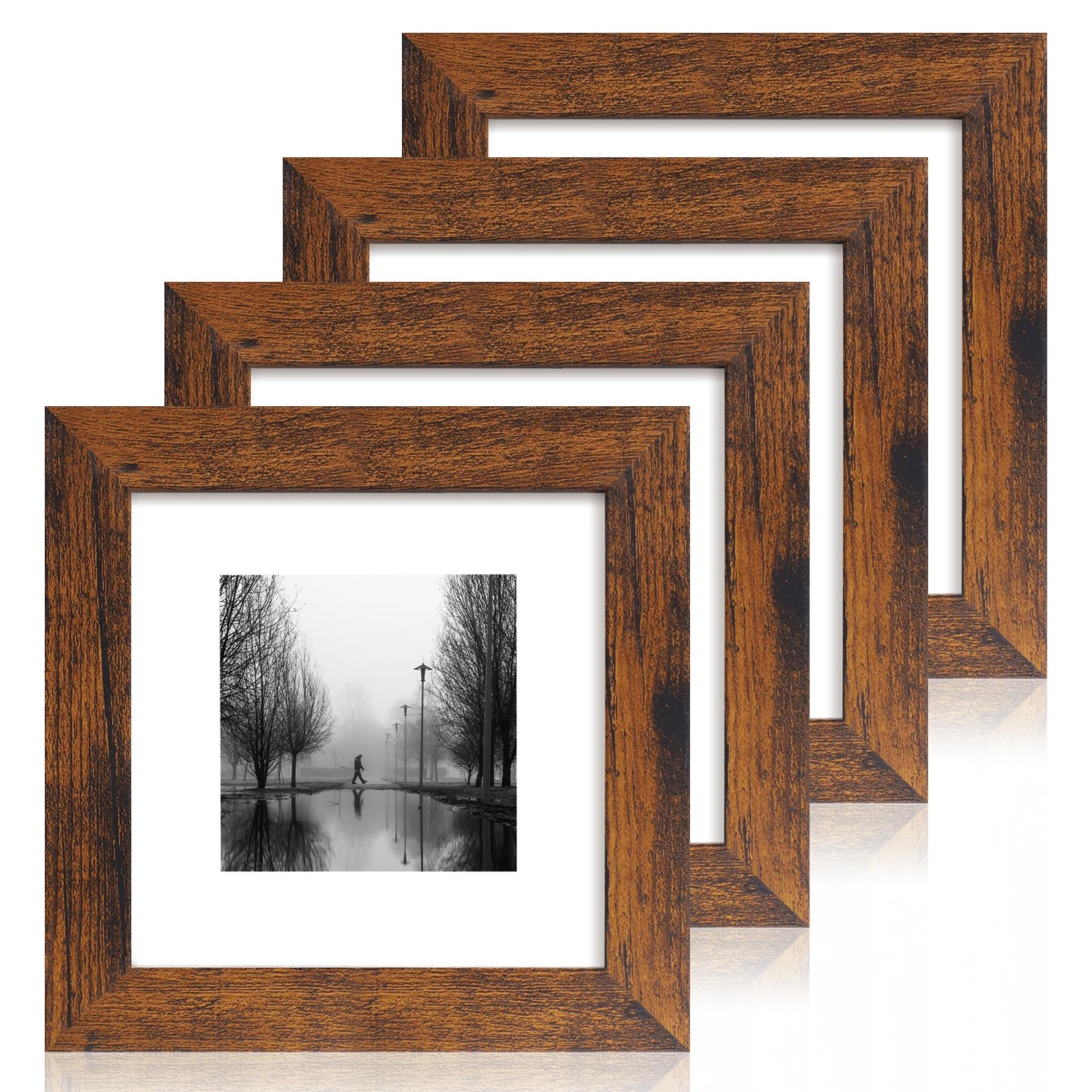 Rustic 6x6 Picture Frame Set of 4 - Real Glass, Wall Mount & Tabletop Display, 4 gallery