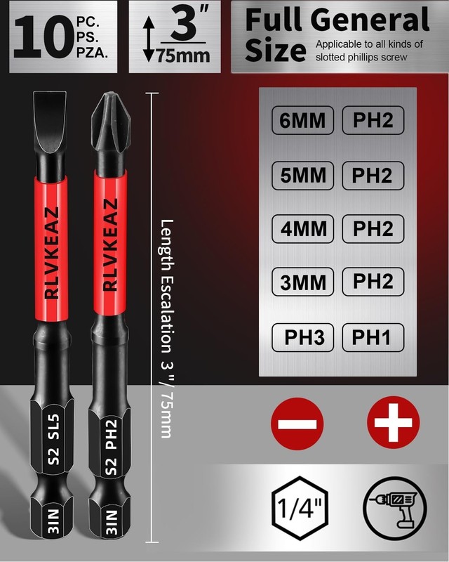 10-PCS 3" Long Magnetic Screwdriver Bits Set: Phillips Bits #1/#2/#3 & Slotted H gallery