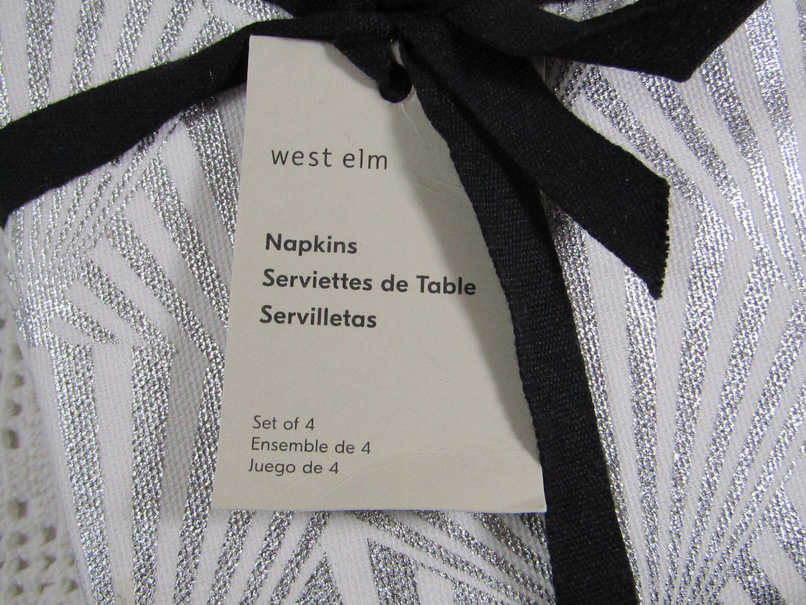 (4)West Elm Silver Metallic Abstract Design Cotton Napkins White & Silver NWT gallery