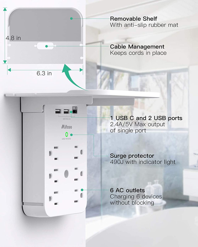 Wall Outlet Extender with Surge Protector, 6 AC Outlets, Shelf, 2 USB & USB C Ch gallery