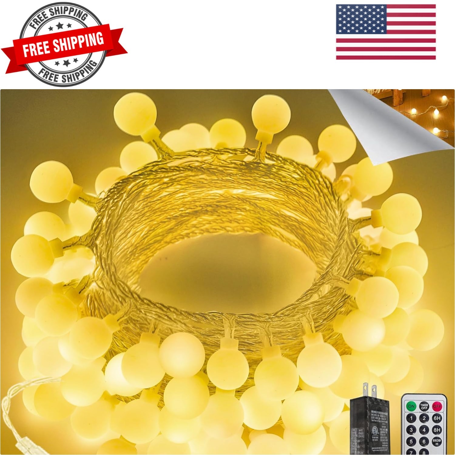 Connectable 43FT 100LED Globe String Lights | 8 Modes Warm White String Light... gallery