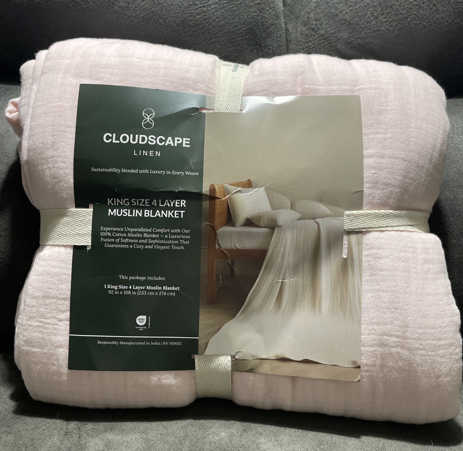 CLOUDSCAPE Linen King Size 4 Layer Muslin Blanket Sea Shell Pink 82x108 NWT gallery