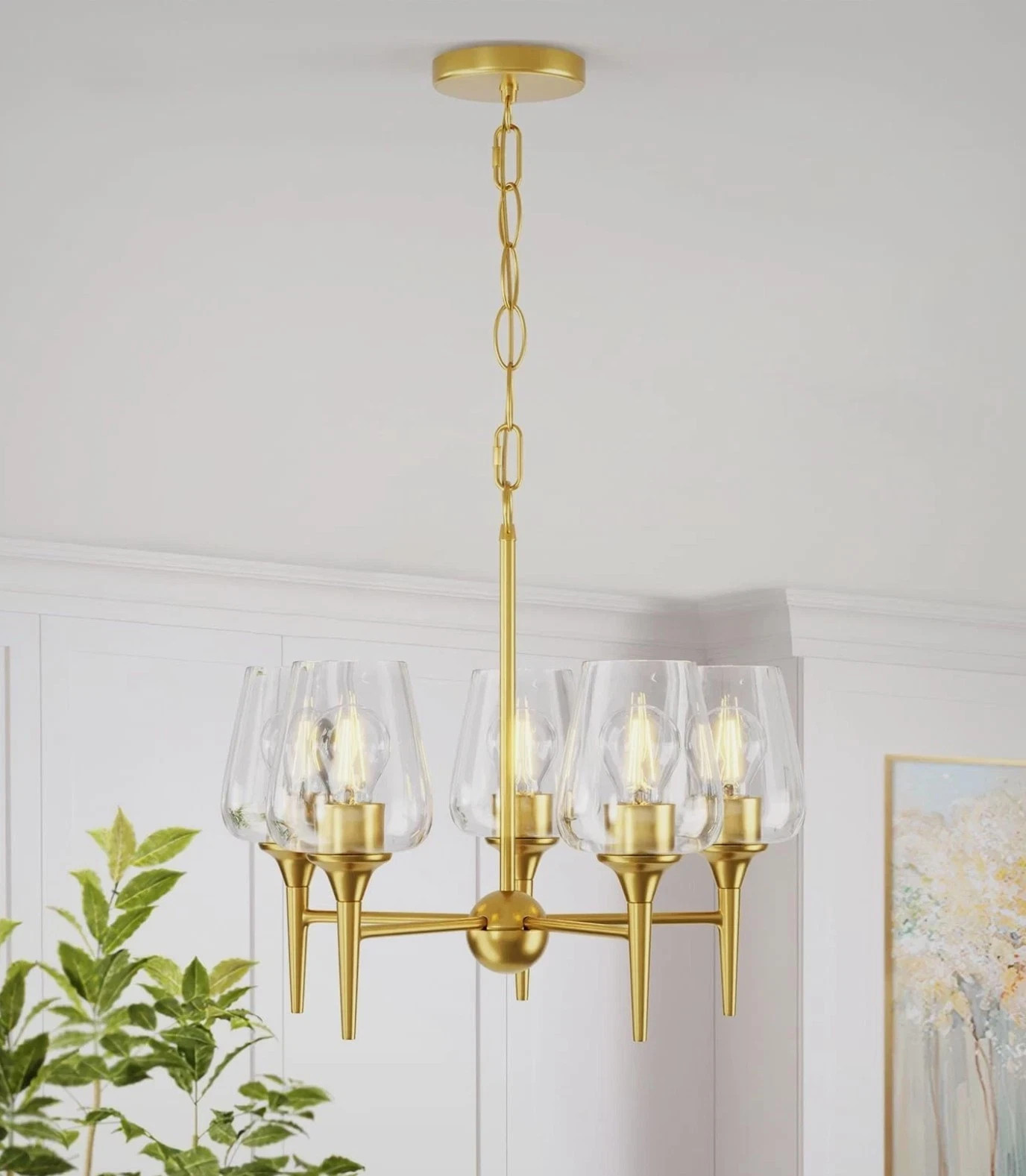 Modern 5-Light Gold Wine Glass Chandelier Satin Brass Clear Glass Dining Room gallery