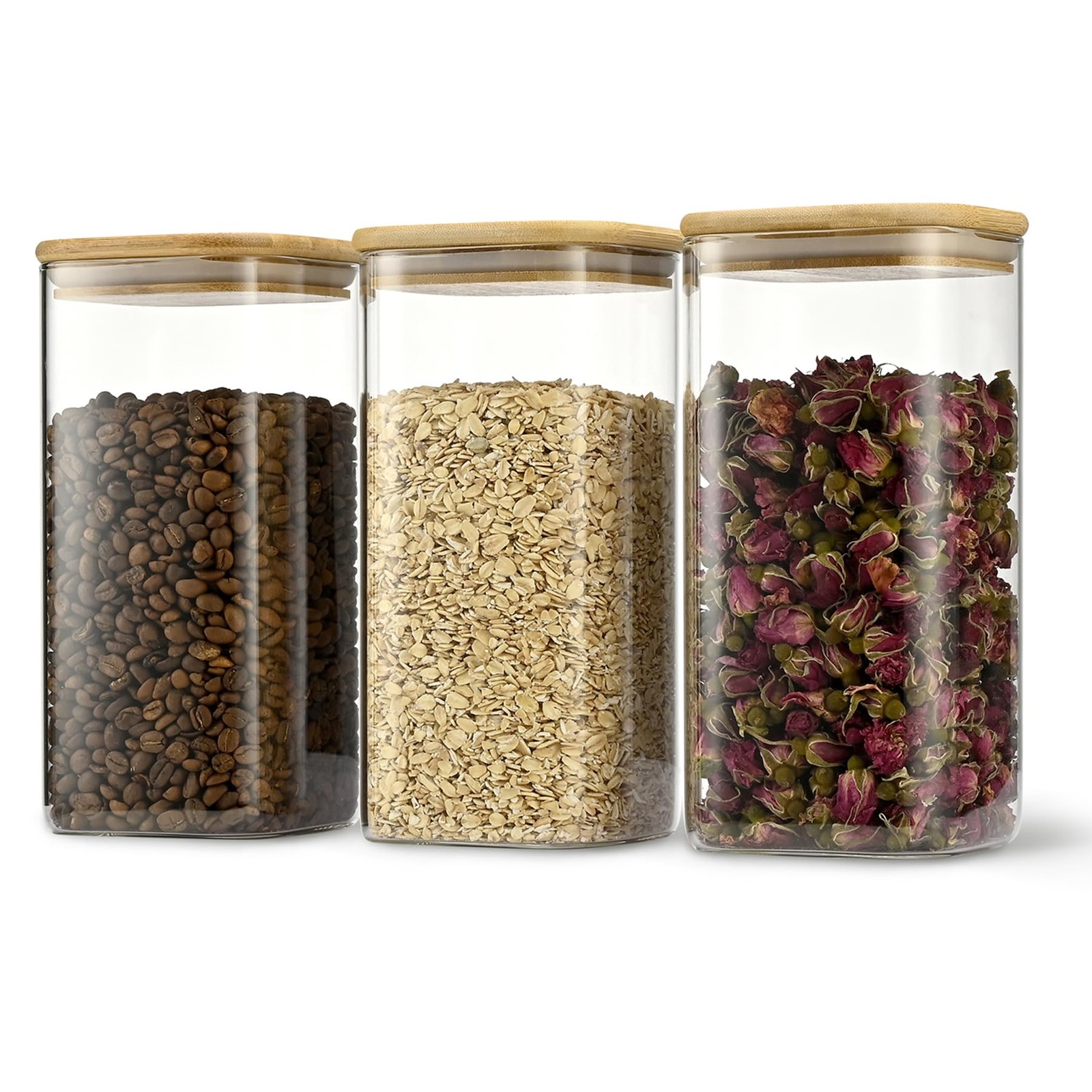 52oz Airtight Glass Square Canisters Set of 3 Bamboo Lids Kitchen Storage gallery
