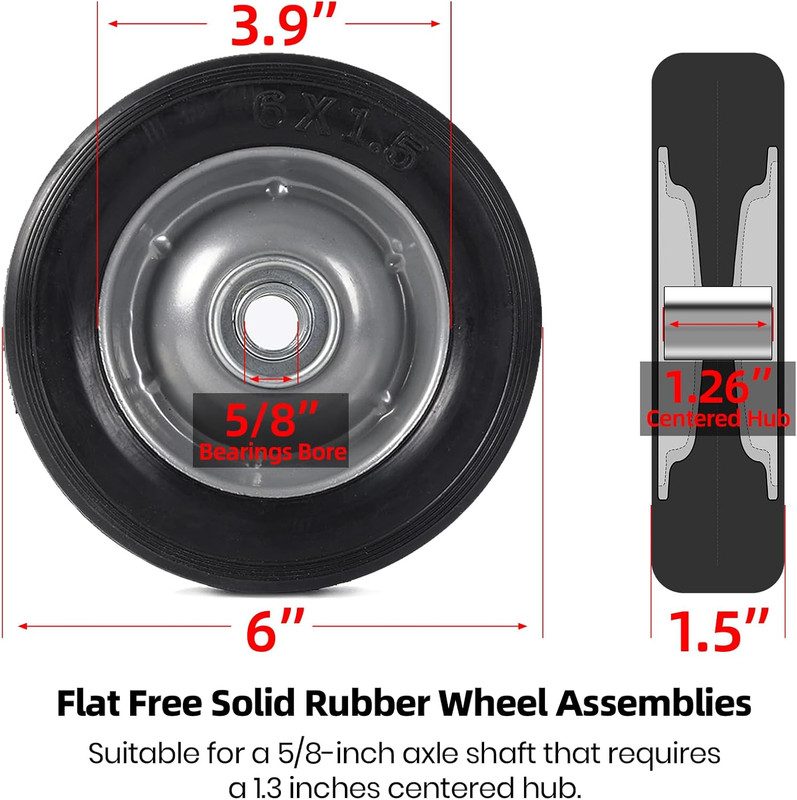 (2-Pack) 6” X 1.5” Flat Free Solid Rubber Wheel Assemblies - Replacement Hand T gallery