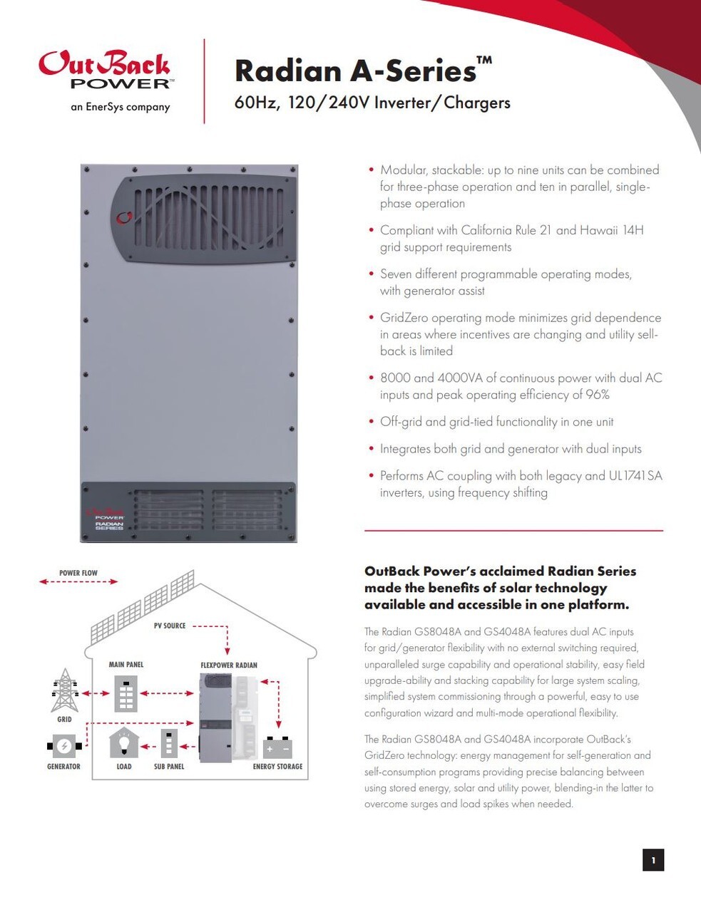 Outback Power GS8048A-01 Radian Series Grid Hybrid Inverter/Charger 8kW 48VDC gallery