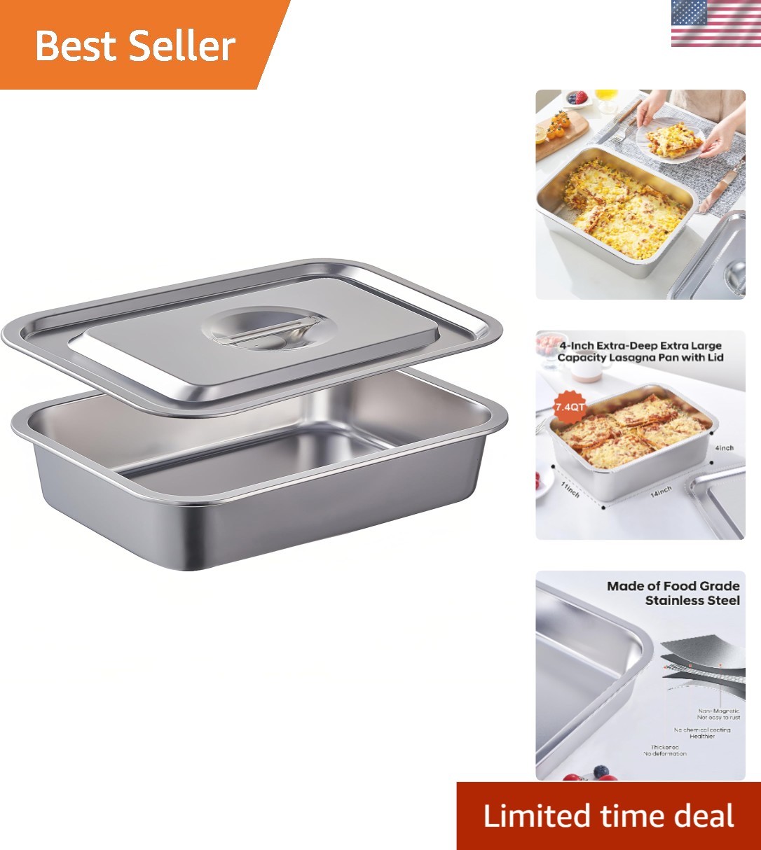 Lasagna Baking Pan with Lid 11x14 Inch Extra Deep 7.4QT Stainless Steel Oven ... gallery