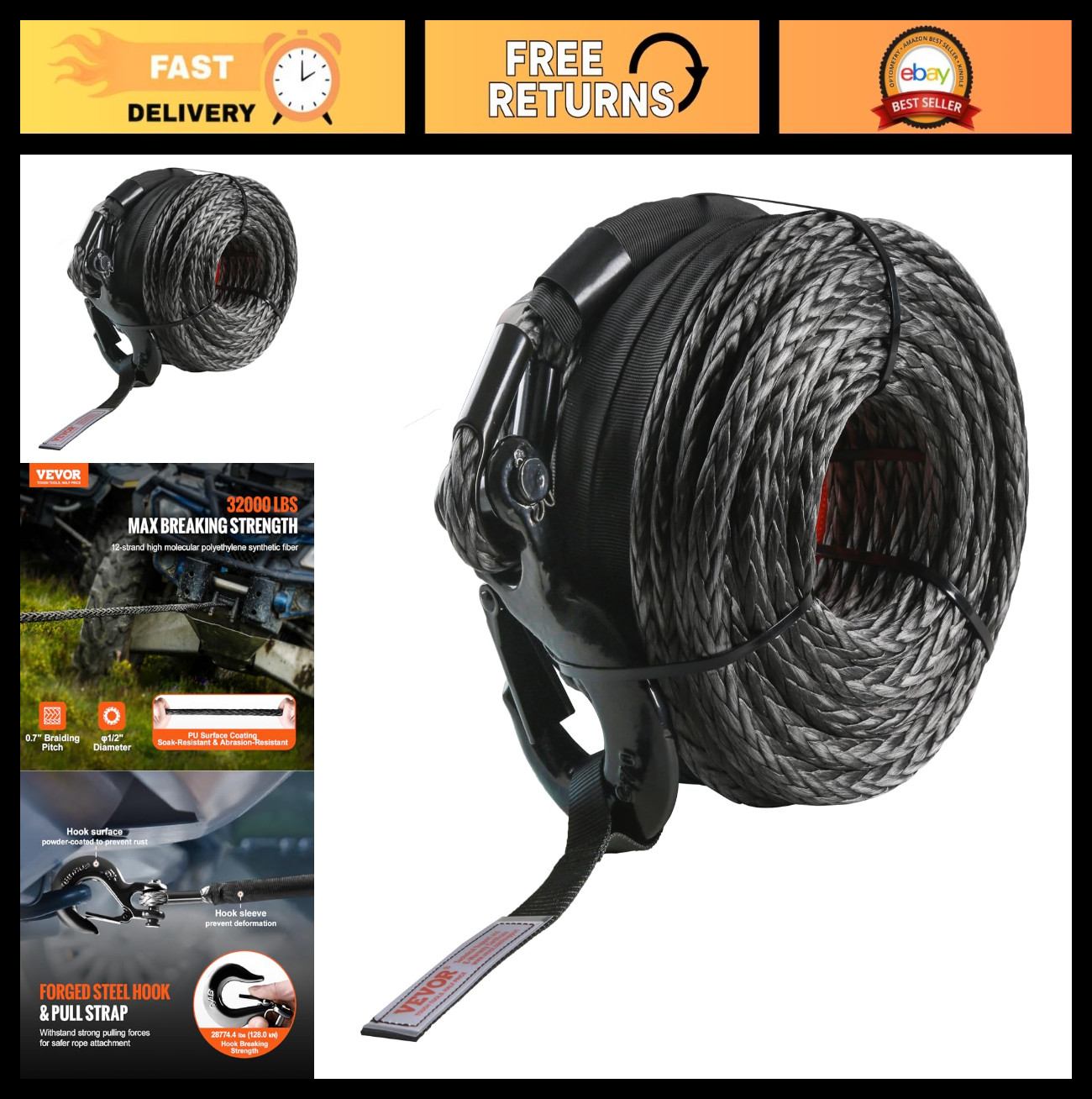 VEVOR Synthetic Winch Rope 1/2in x 92ft 32000 lb with Hook and Strap gallery