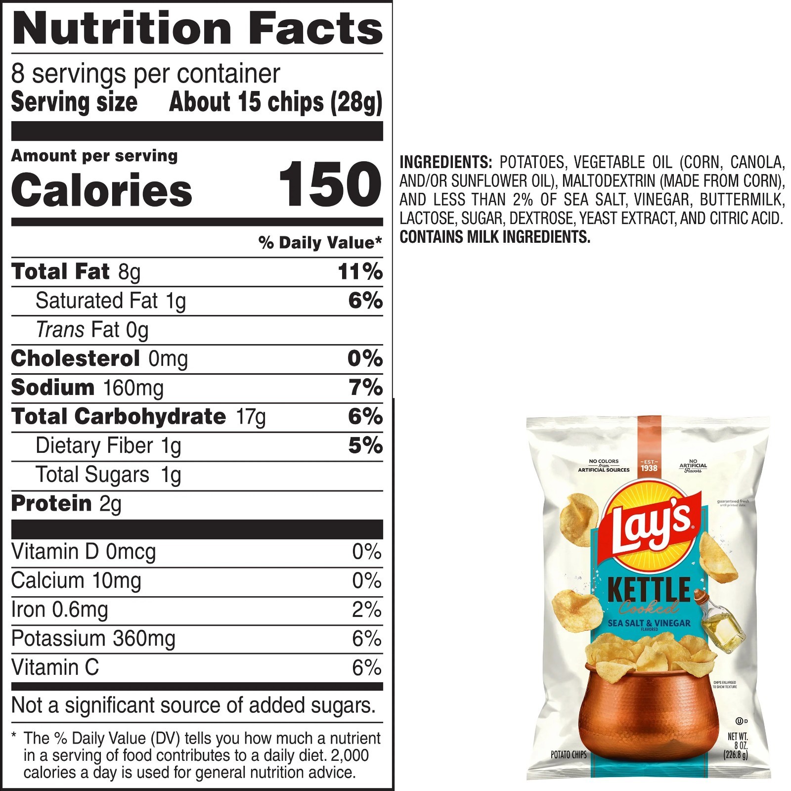 4 pack, Lay’s Original Sea Salt Kettle Cooked Potato Chips Bag, 8 oz. gallery