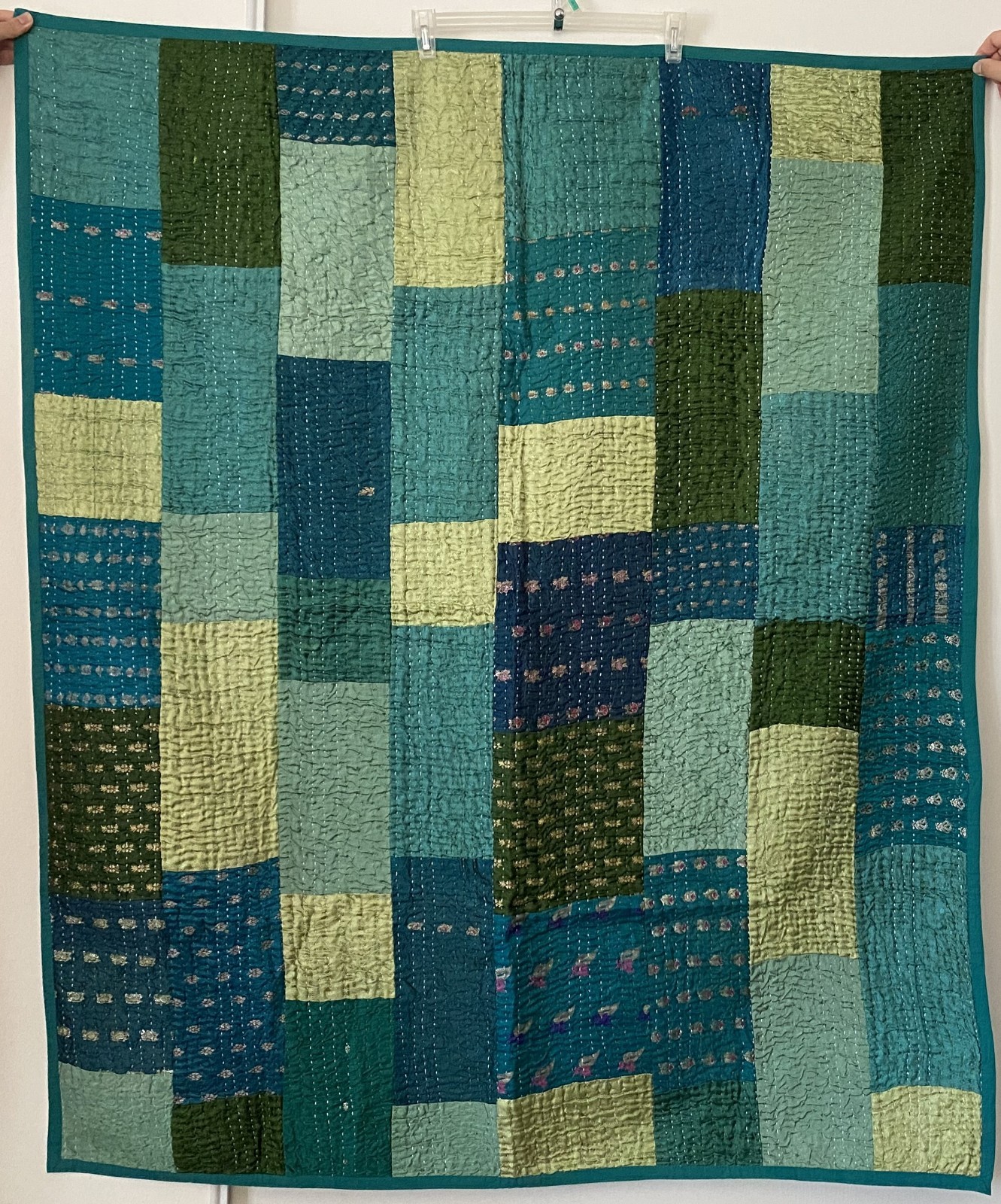 World Market Kantha Quilt Patchwork Throw Blanket Blue Green Boho 50x60 India gallery