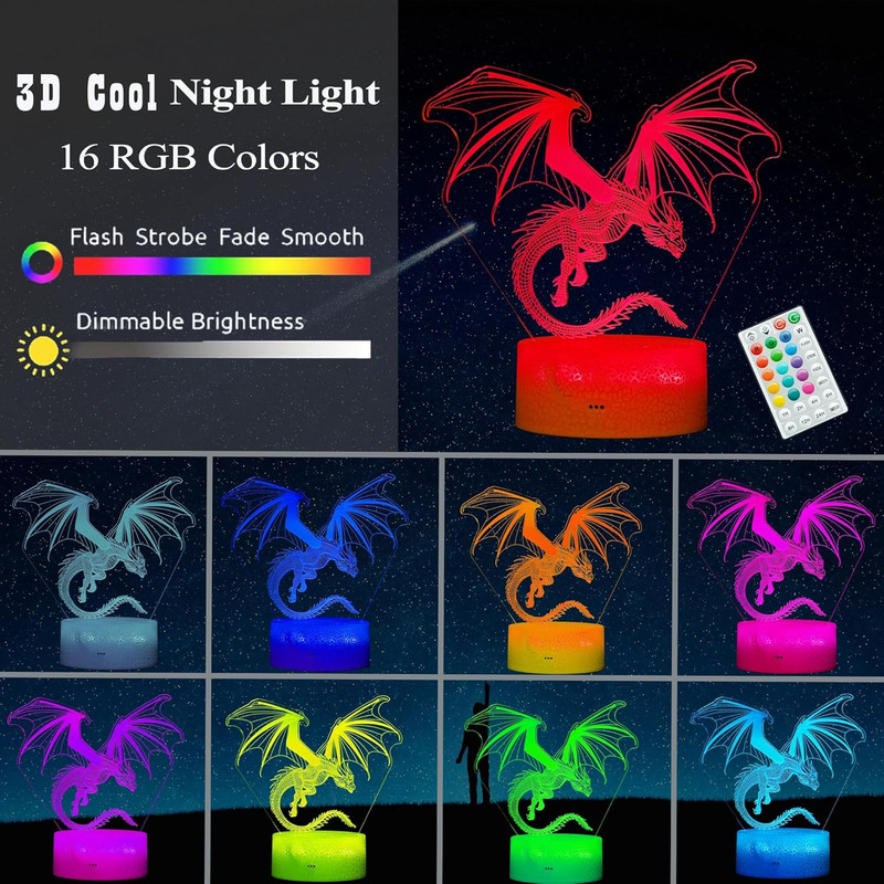 Dragon Night Light, Dragon Gifts, 3D Illusion Lamp with 16 Colors Changing, Time gallery