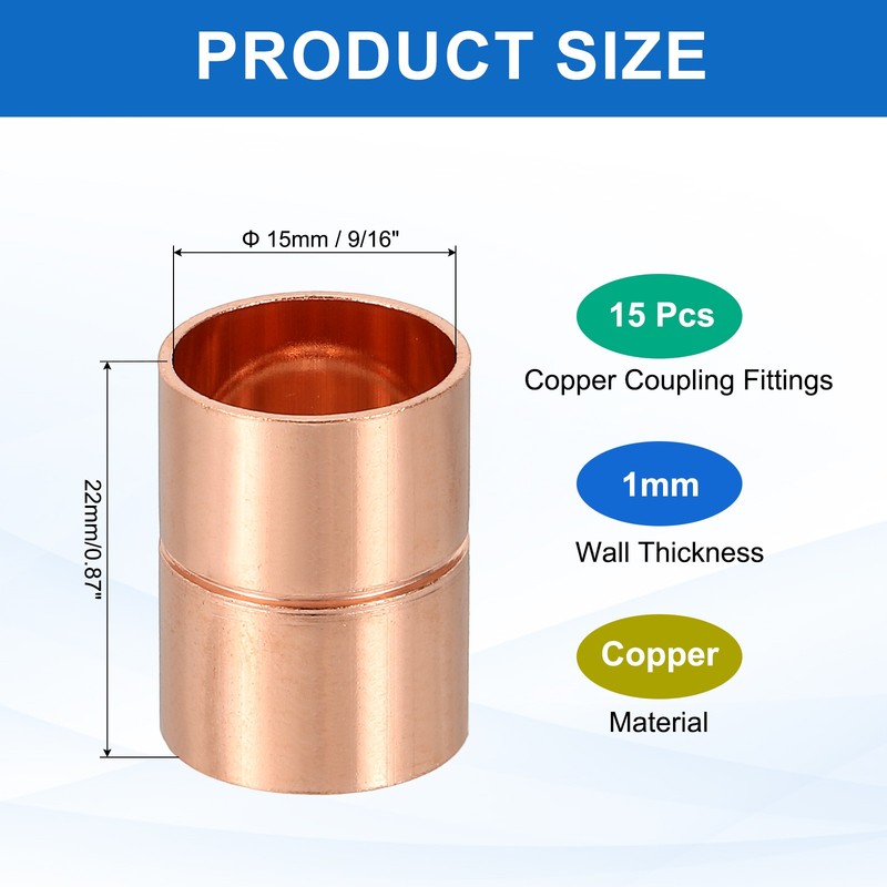 9/16 Inch (15mm) ID Straight Copper Coupling Fittings 15 Pcs Welding Joint gallery