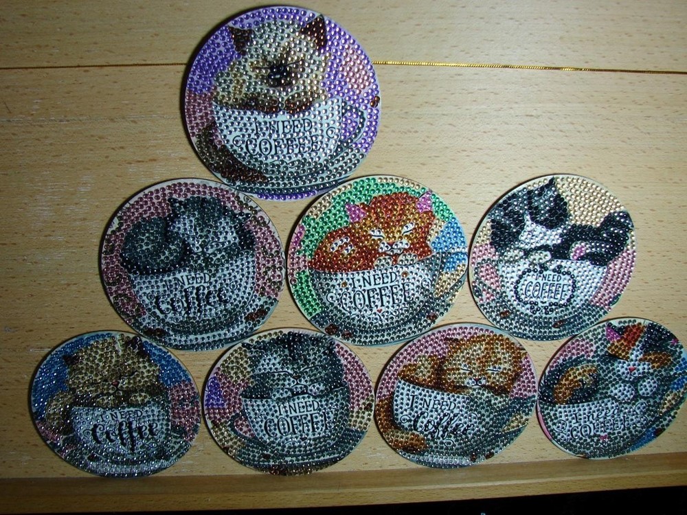 8 BRIGHT COFFEE "KITTENS & CATS" COASTERS, NON-SLIP WOODEN BOTTOMS WITH HOLDER