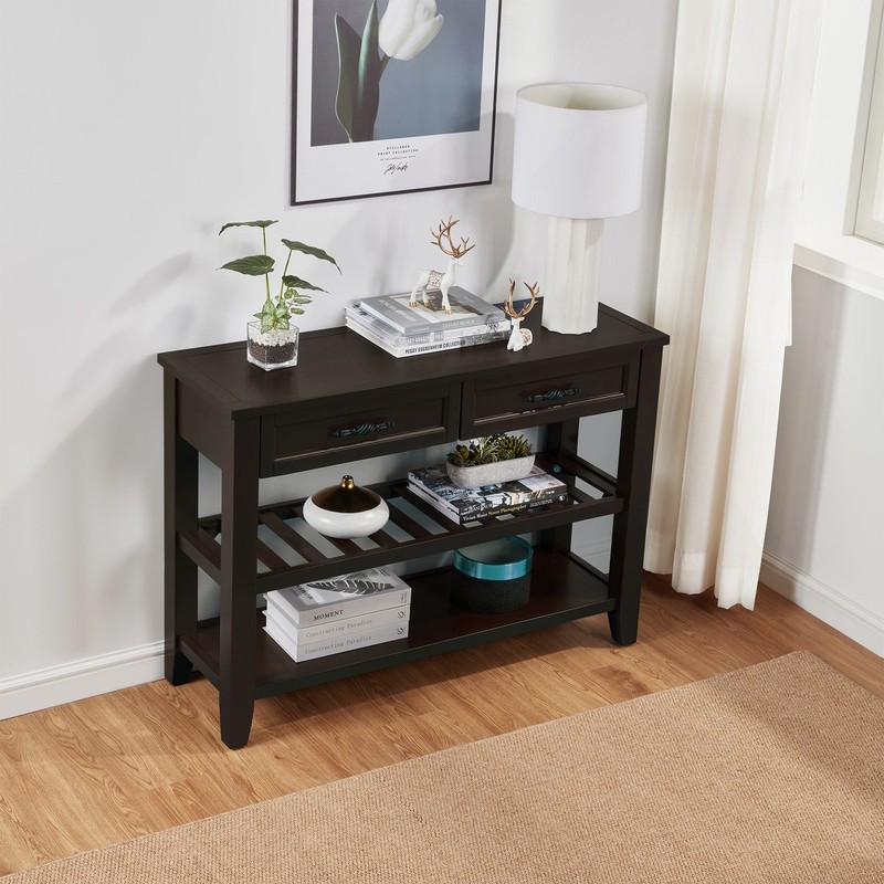 Retro Design Console Table with Two Open Shelves, Pine Solid Wood Frame and Legs gallery