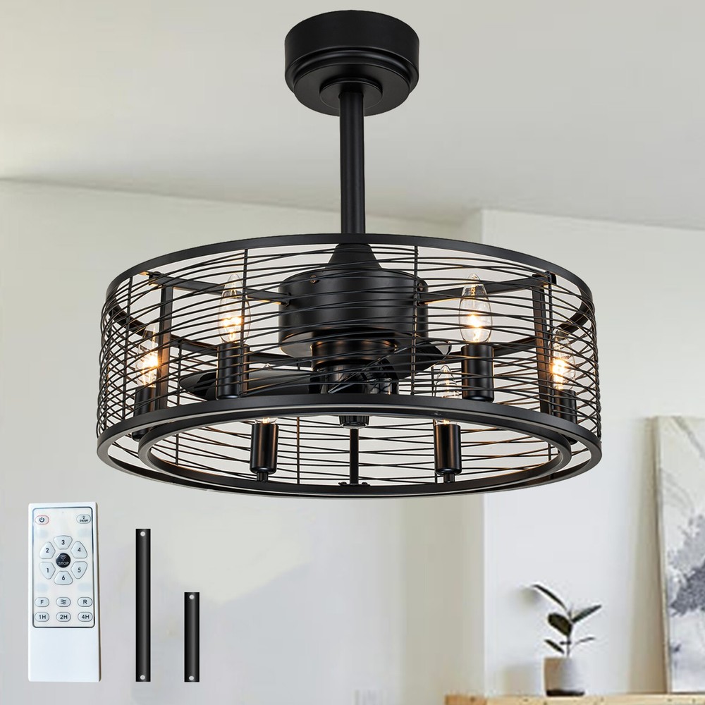 Caged Ceiling Fans with Light with Remote Control 20”Black Farmhouse Ceiling Fan