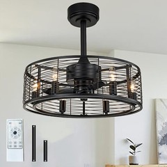 Caged Ceiling Fans with Light with Remote Control 20”Black Farmhouse Ceiling Fan