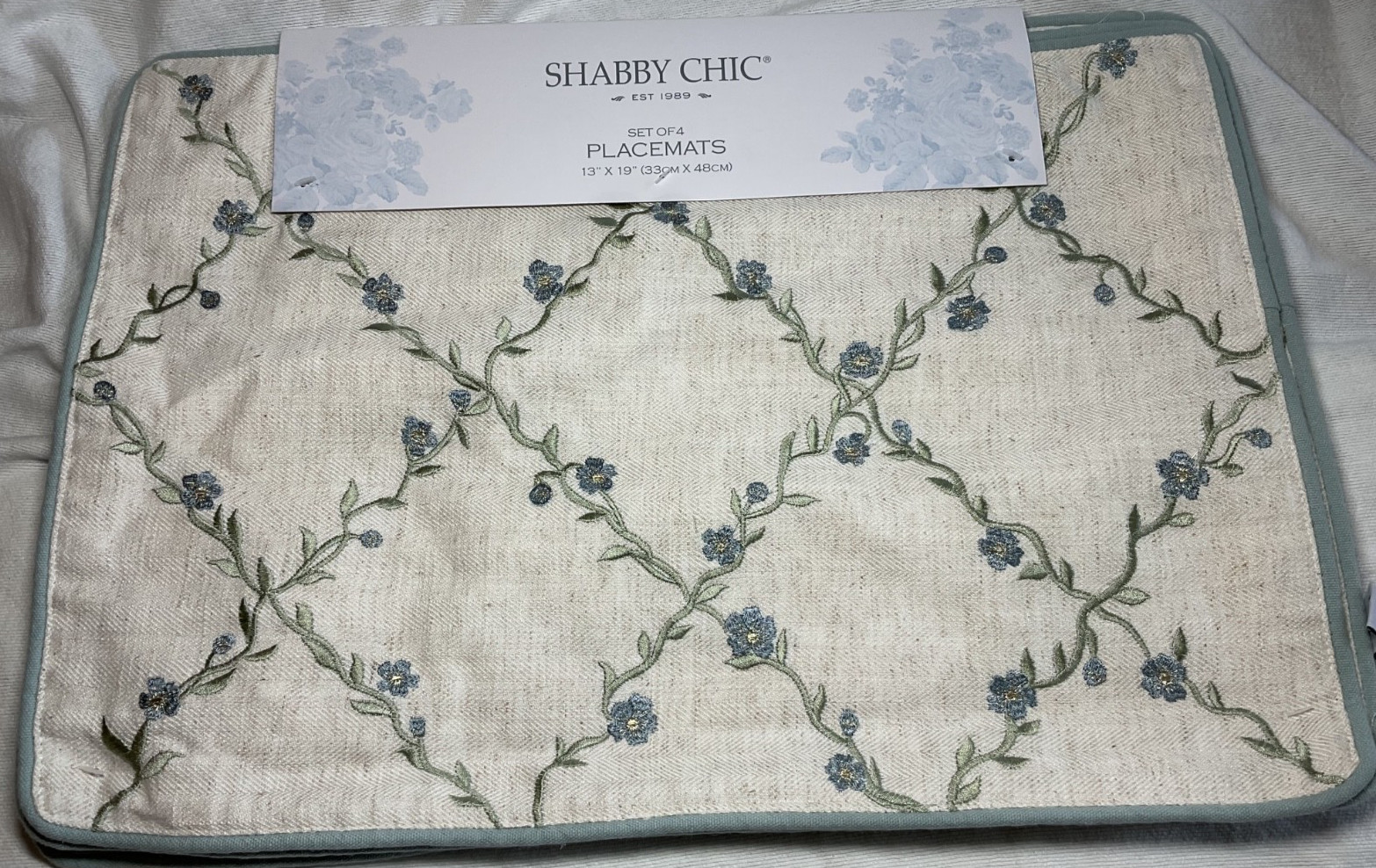 SHABBY CHIC PLACEMATS FLOWERS BLUE GREEN BEIGE 13 X 19 POLYESTER COTTON NWT gallery