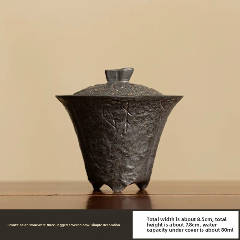 80ml Handmade Coarse Pottery Gaiwan Ancient Bronze Glaze Household Tea Set gallery