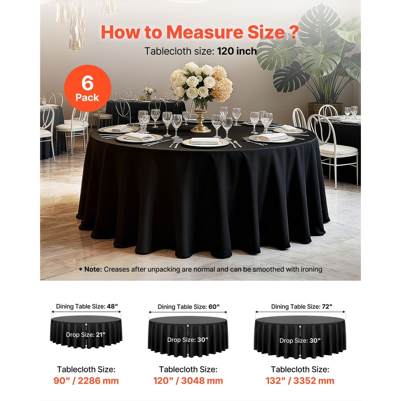 Uimoso Round Polyester Tablecloths for Weddings and Events, Black, 6-Pack,120 In gallery