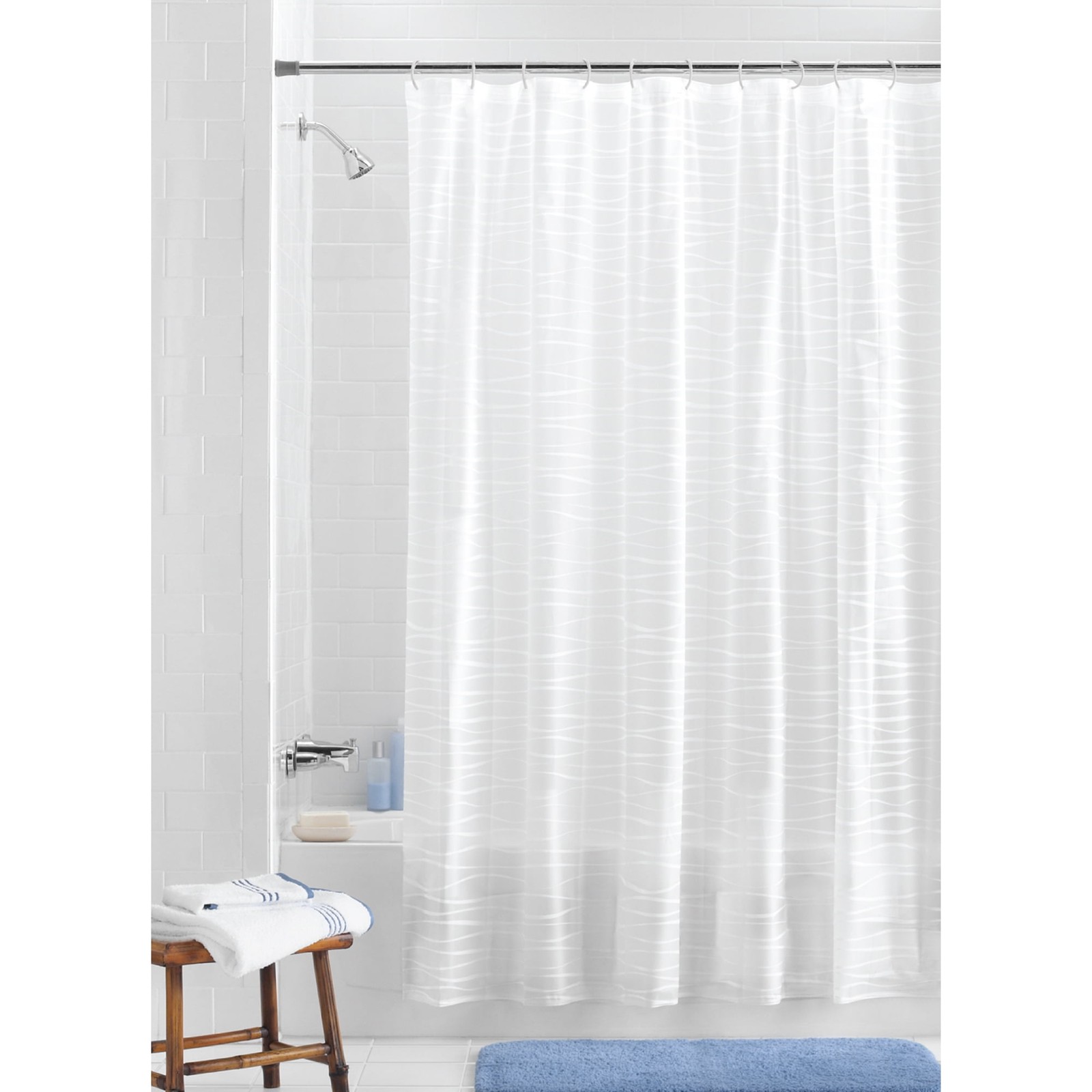 Waterproof Oasis Striped PEVA Lightweight Shower Curtain and 12 Hooks, Frosted gallery