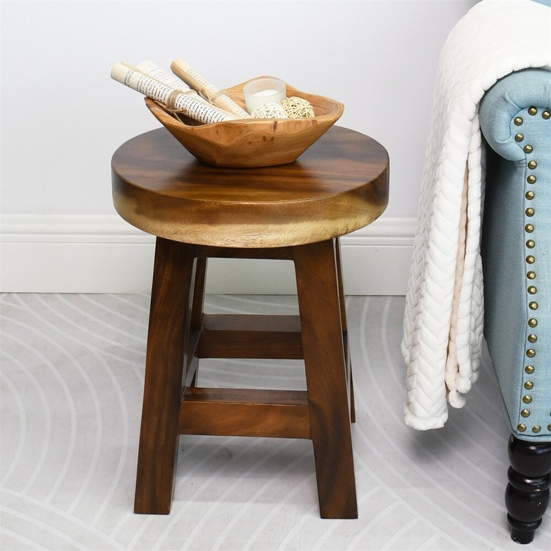 Greenage Small Rustic Solid Wooden Stool Round Side Table Bedside Table 18" H gallery