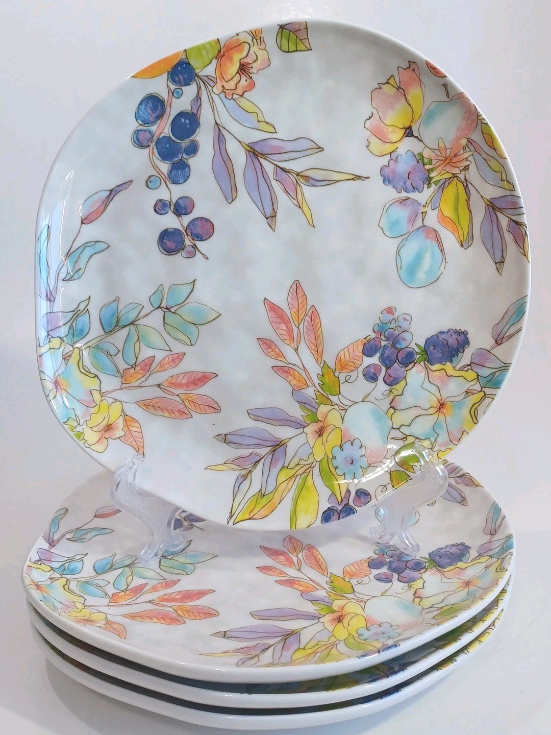 4 Grace Teaware Floral Fruit 10" Dinner Plate Set Porcelain Botanical Colorful gallery
