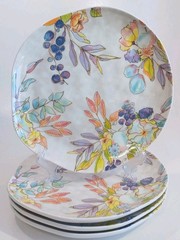 4 Grace Teaware Floral Fruit 10″ Dinner Plate Set Porcelain Botanical Colorful