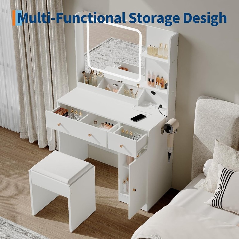 GARVEE LED Dressing Table with 2 Drawers, Hair Dryer Rack & Adjustable Lights gallery