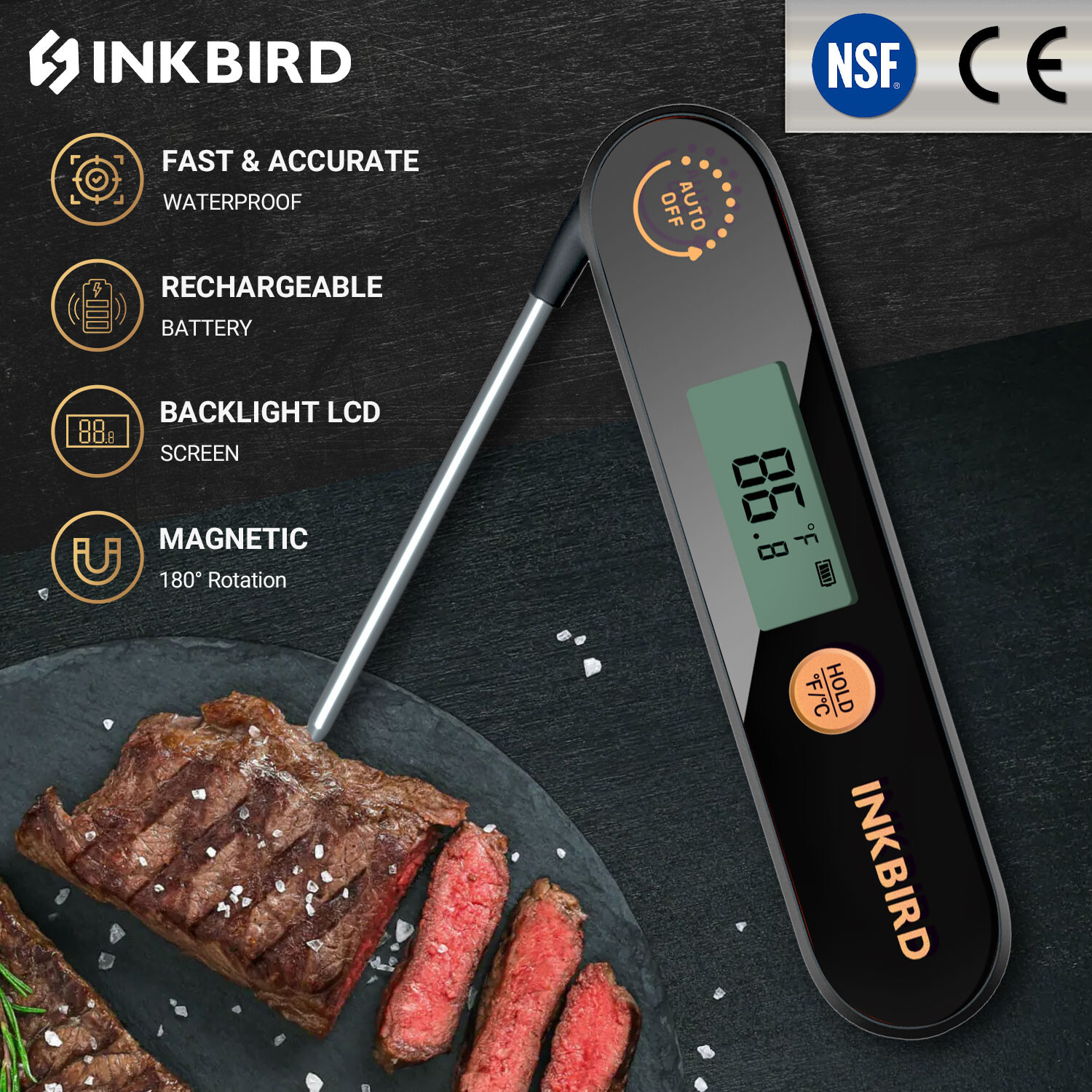 INKBIRD Rechargeable Meat Thermometer Temperature Pen -50 300℃ Magnetic Back CF gallery