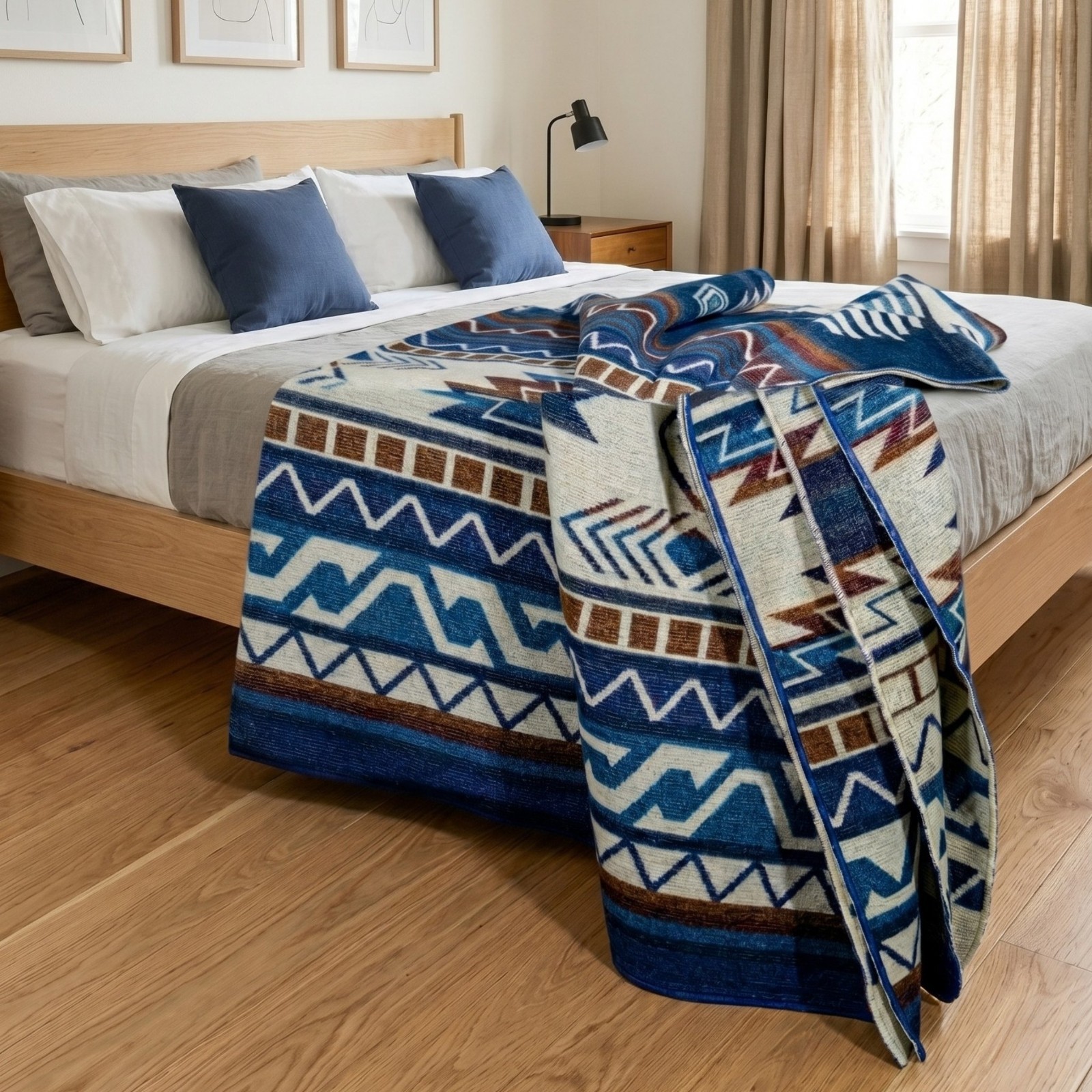 REVERSIBLE ALPACA Wool Blanket Andean , Blue Native Design Geometric Throw gallery