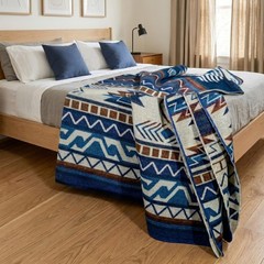 REVERSIBLE ALPACA Wool Blanket Andean , Blue Native Design Geometric Throw
