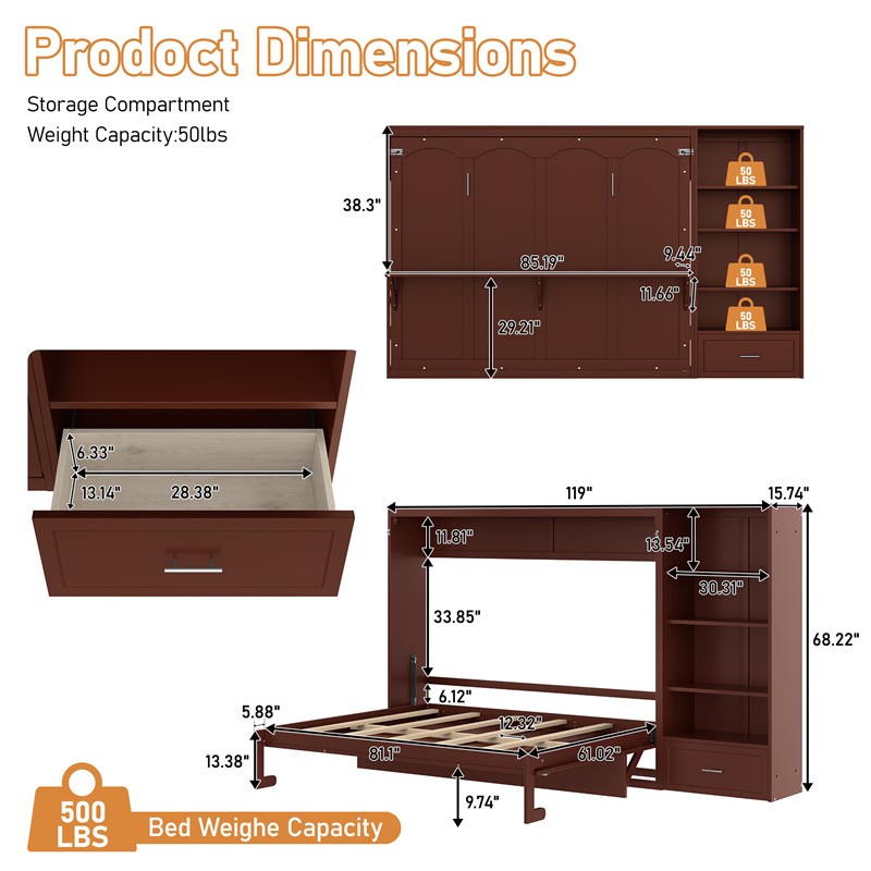 Queen Size Murphy Bed Multifunctional Foldable Bed Wall Bed Frame w/Drawer Walnu gallery
