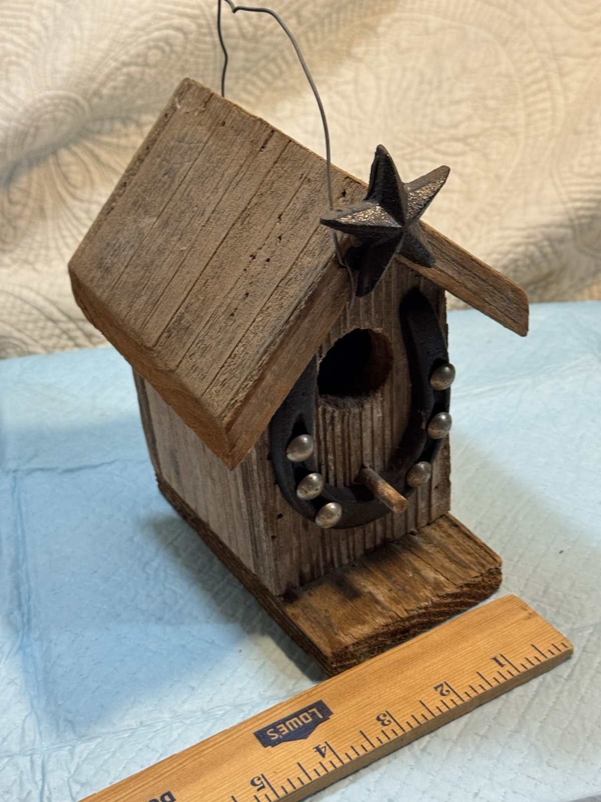 Rustic Brown Black Wood Metal Hanging Bird House Star Horseshoe Front 1 Comp gallery
