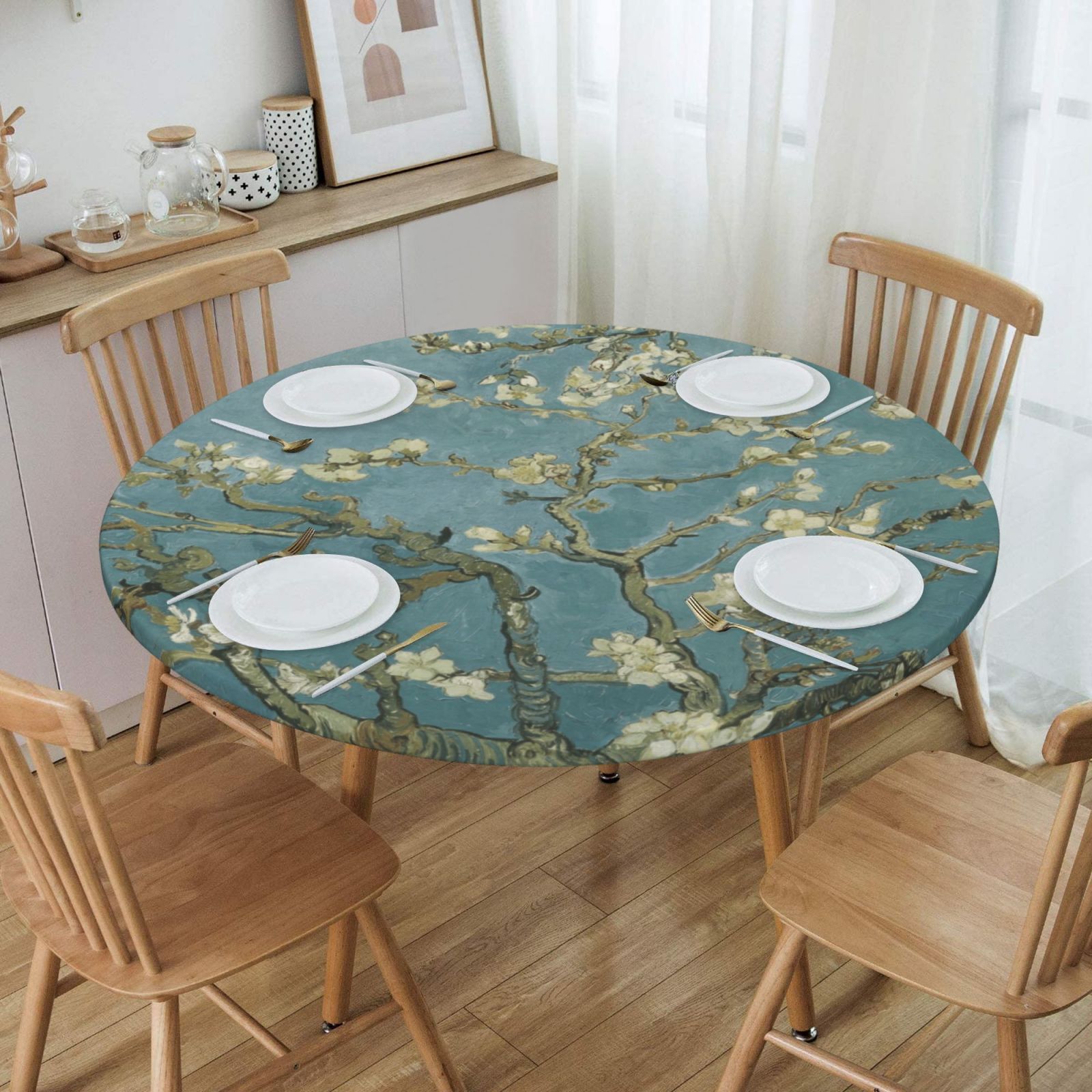 Vintage Floral Stretch Round Tablecloth Waterproof and Soft Polyester Tablecloth gallery