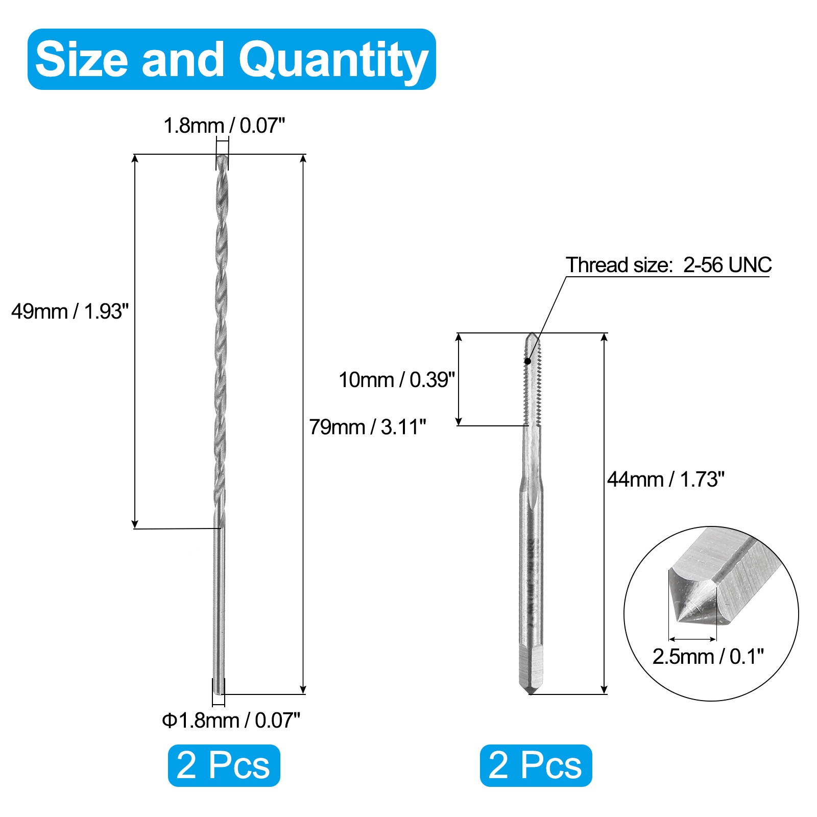 2Pack 2-56 UNC Straight Flute Thread Screw Tap & 2Pack 1.8mm Twist Drill Bit Set gallery