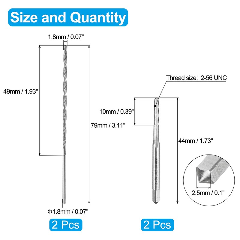 2Pack 2-56 UNC Straight Flute Thread Screw Tap & 2Pack 1.8mm Twist Drill Bit Set gallery